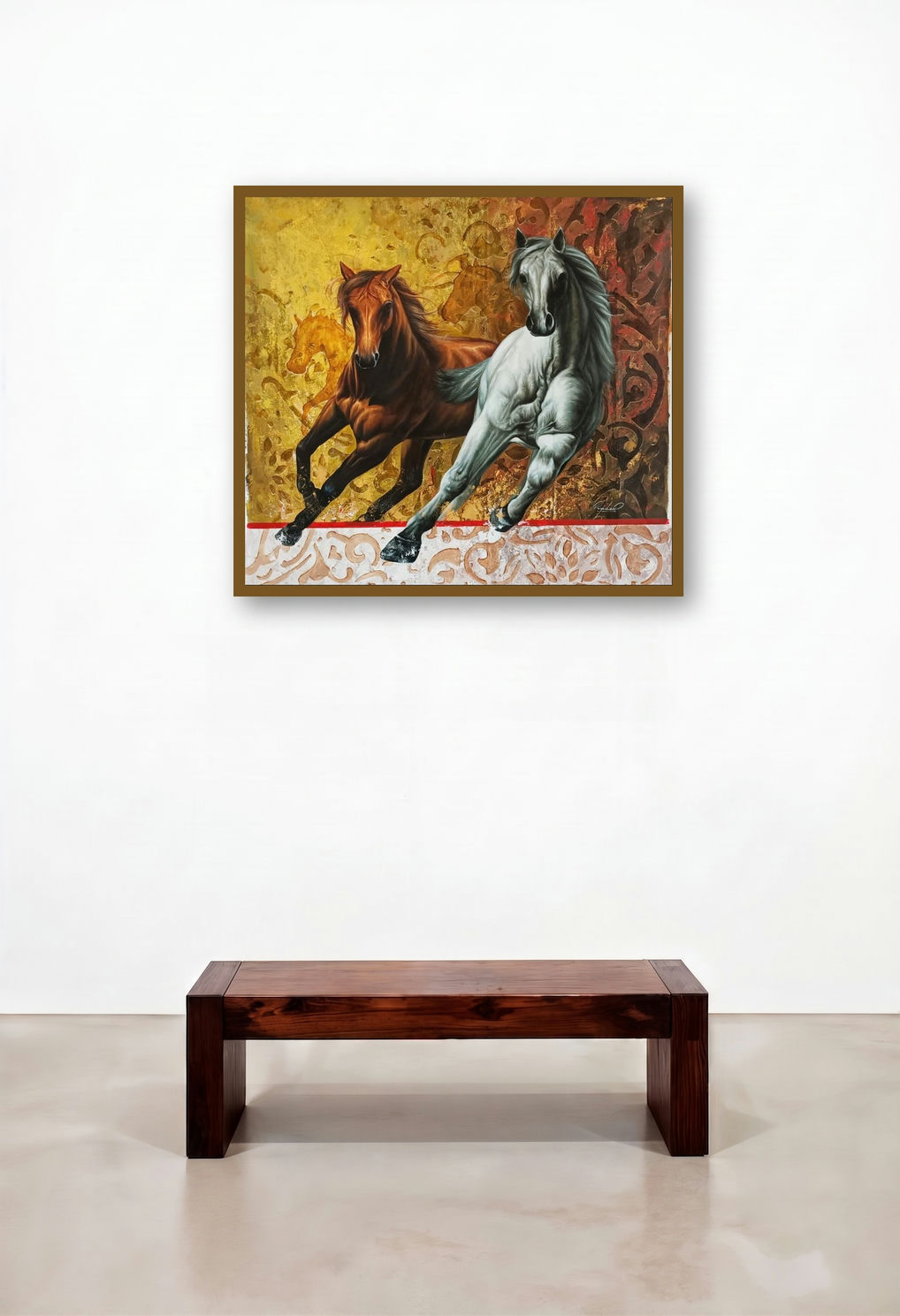The Royal Winner Horse (The Gallop) by artist Pradeep Kumar displayed in a Japandi Living Room
