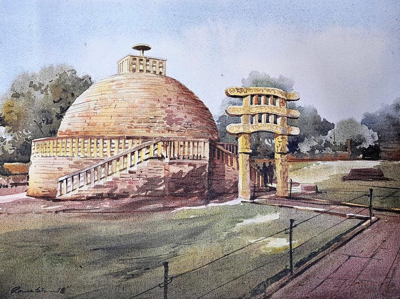 Cityscape acrylic painting titled 'The Sanchi Stupa', 18x24 inches, by artist Ranabir Saha on Canvas