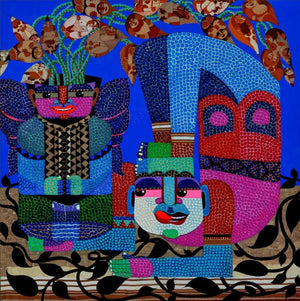 The Sanctuary Of Loveliness (The Blooming Pose) by Tanushree Chakraborty, Original Acrylic Figurative Painting on Canvas, Large Square Wall Art