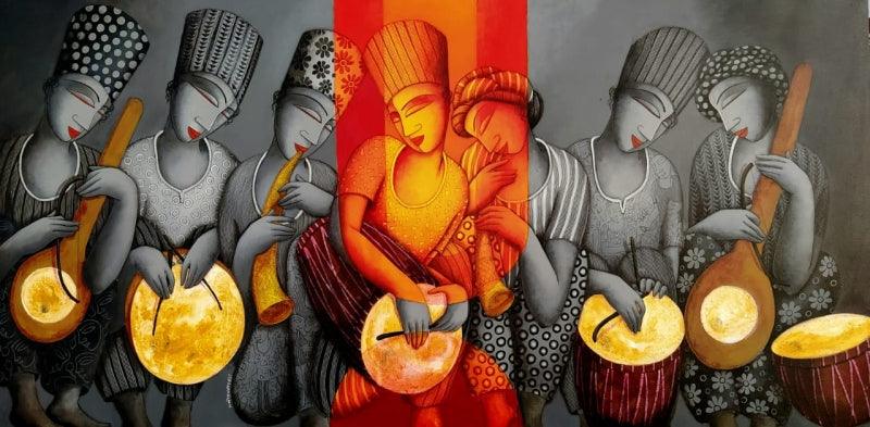 Figurative acrylic painting titled 'The Sound 1', 36x72 inches, by artist Samir Sarkar on Canvas