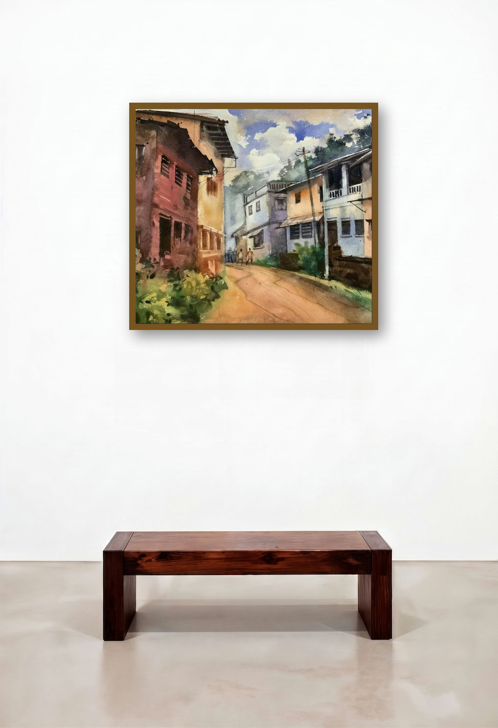 The Street 3 (Quiet Lane) by artist Prasad Thite displayed in a Mid-Century Modern Library