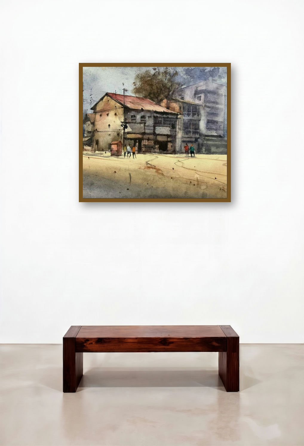 The Street 4 (Cityscape Glimpse) by artist Prasad Thite displayed in a Rustic Dining Room