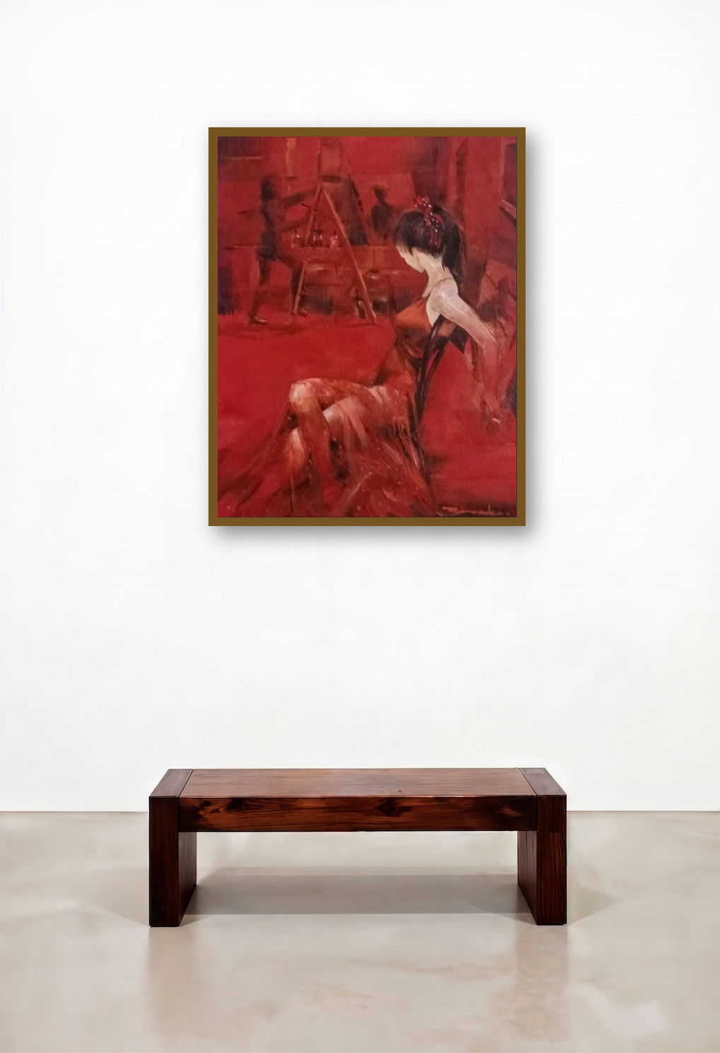The Studio (Red Reverie) by artist Bhaskar Mandolu displayed in a Scandinavian Bedroom