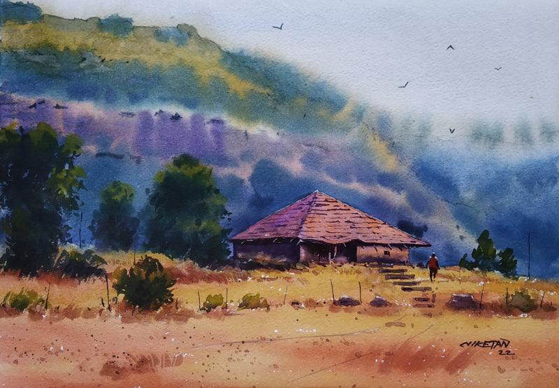 Landscape watercolor painting titled 'The Traditional House ', 12x8 inches, by artist Niketan Bhalerao on Paper