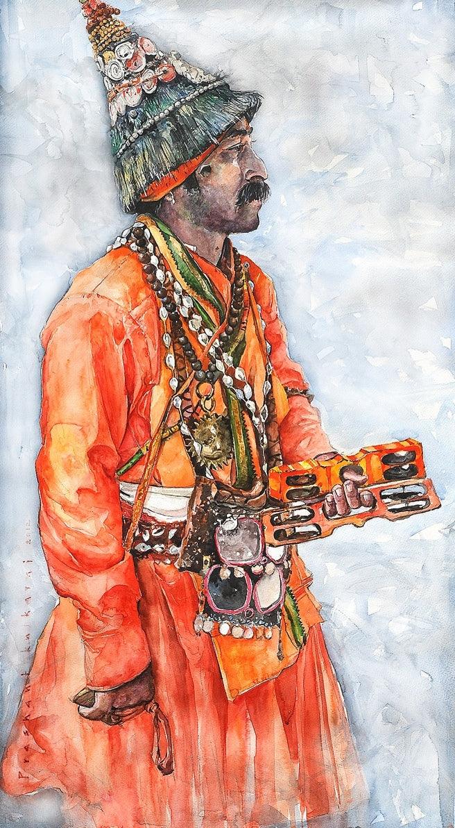 Religious watercolor painting titled 'The Vasudev', 38x24 inches, by artist Prashant Kulkarni on Paper