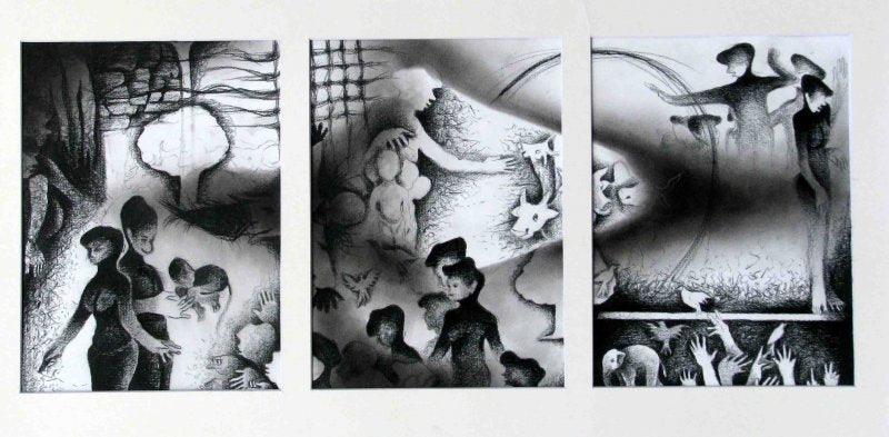 Figurative charcoal drawing titled 'The Village Life ', 36x18 inches, by artist Mahesh Pal Gobra on paper