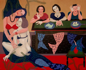 The Vortex Of Feminine (Mermaid Lagoon) by Pradipta Chakraborty, Original Acrylic Figurative Painting on Canvas, X-Large Horizontal Wall Art