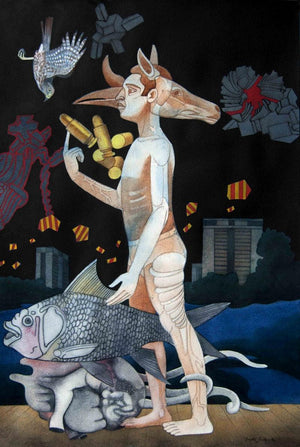 The Voyager (A Journey Through the Unconscious) by Joydip Sengupta, Original Mixed Media Contemporary Painting on Paper, Small Vertical Wall Art