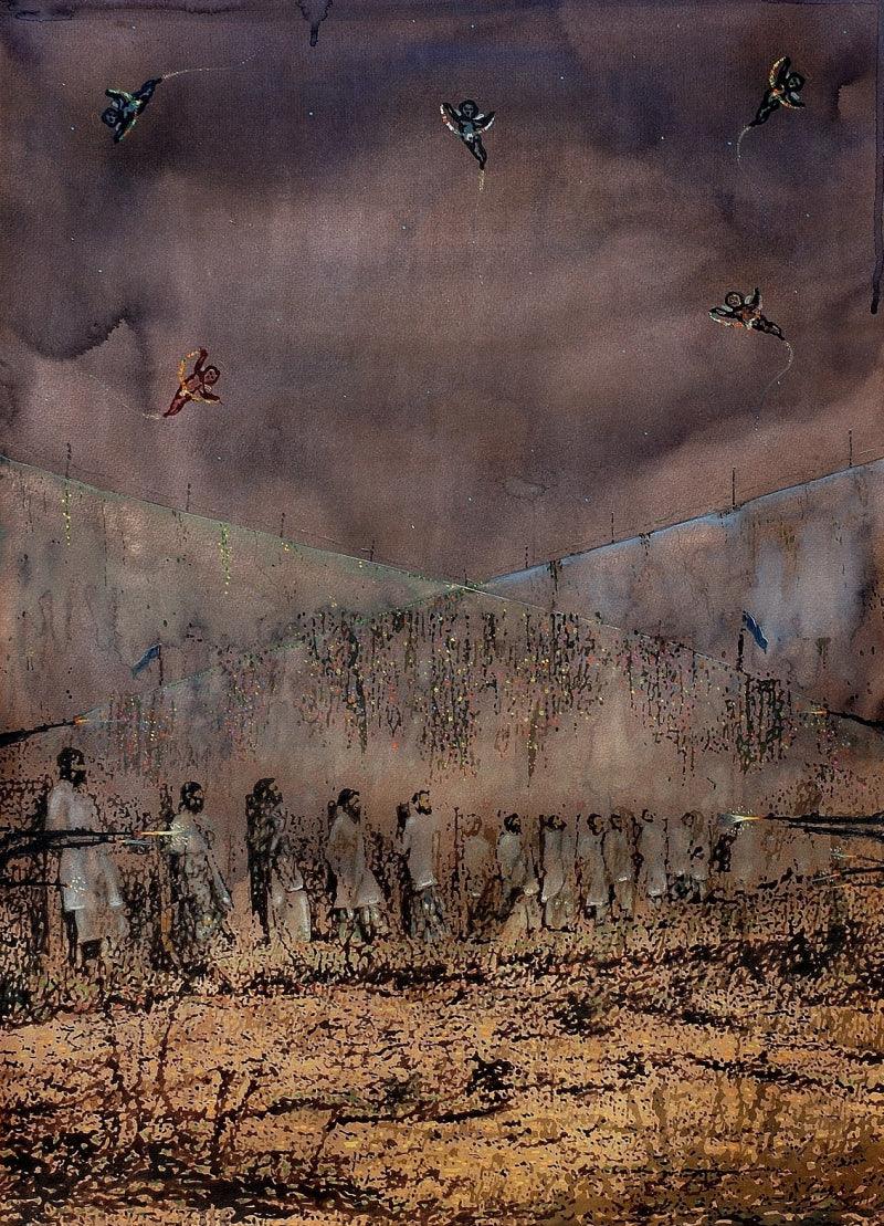 Figurative watercolor painting titled 'The Wall Flowers', 29x21 inches, by artist Balaji Ponna on Paper