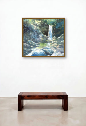 The Waterfall (Cascade of Dreams) by artist Sankara Babu displayed in a Rustic Hotel Suite