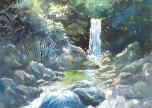The Waterfall (Cascade of Dreams) by Sankara Babu, Original Watercolor Scenic Painting on Paper, X-Small Horizontal Wall Art