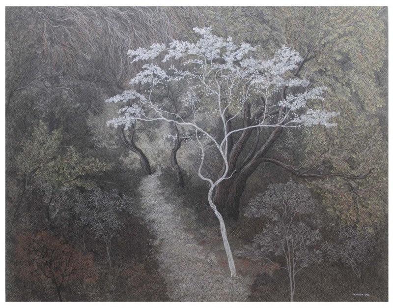 Landscape acrylic painting titled 'The White Tree', 36x42 inches, by artist Shuvankar Maitra on Canvas