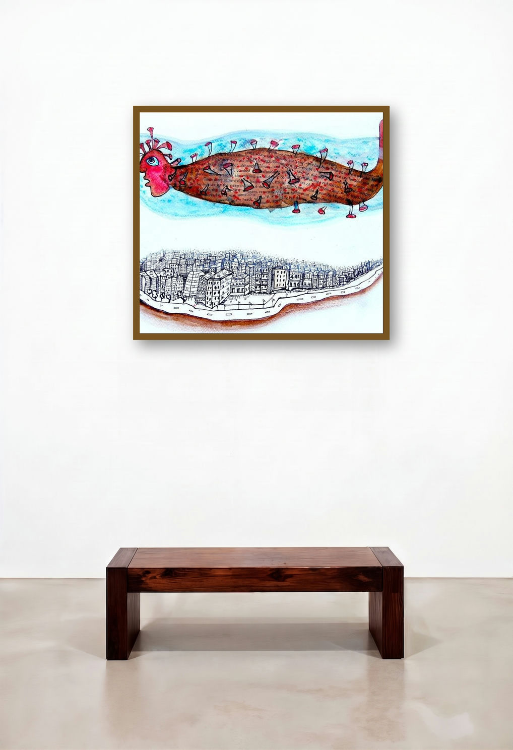 The Whole Country Is Upset Of Corona 2 (The City-Creature) by artist Poonam Kishor displayed in a Modern Hotel Suite