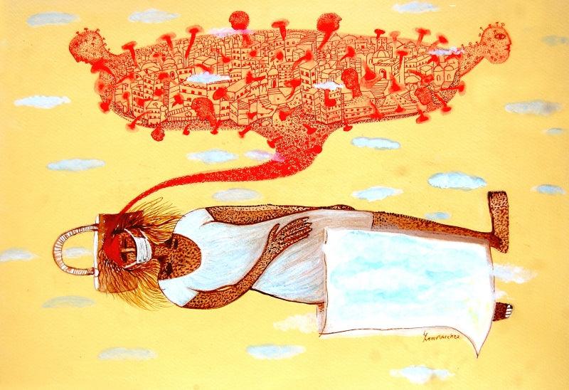 contemporary acrylic painting titled 'The Whole Country Is Upset Of Corona', 19x30 inches, by artist Poonam Kishor on Paper