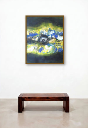 The Yellow Eye (Solar Eclipse) by artist Deepak Guddadakeri displayed in a Mid-Century Modern Bedroom