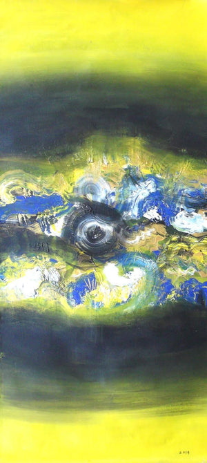 The Yellow Eye (Solar Eclipse) by Deepak Guddadakeri, Original Acrylic Abstract Painting on Canvas, Medium Vertical Wall Art