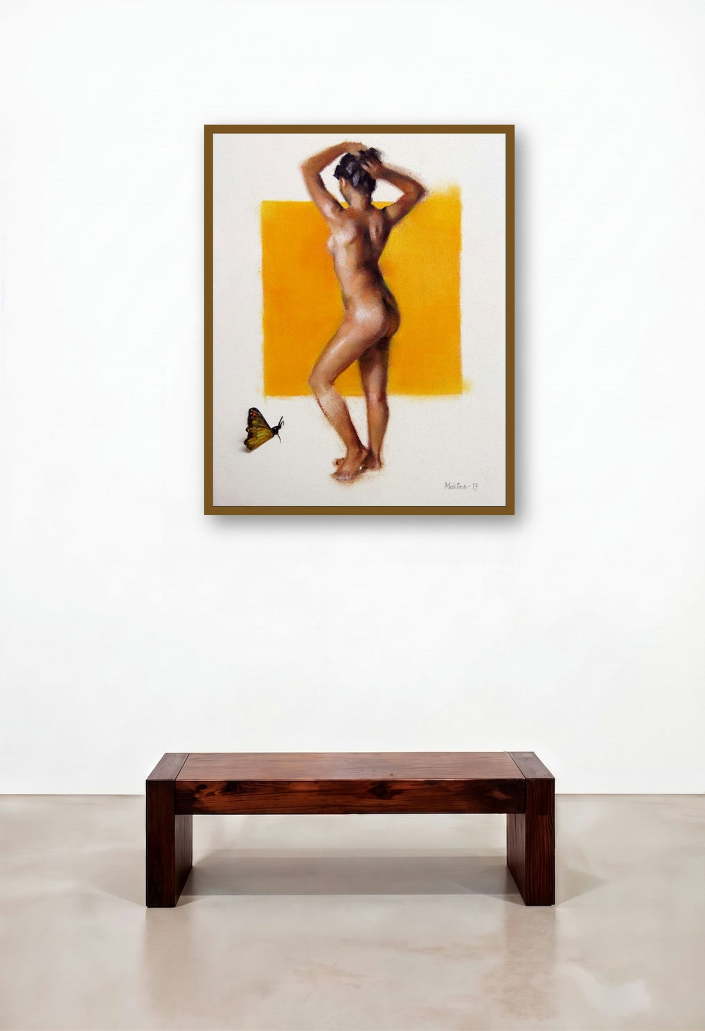 The Yellow One by artist Mukta Avachat displayed in a Mid-Century Modern Penthouse