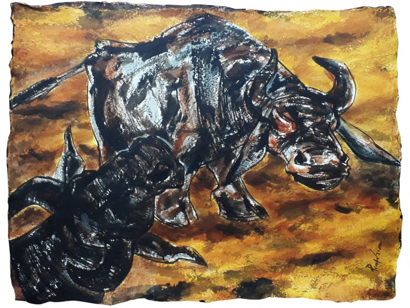 They Are Friends Of My City 4' animals acrylic painting by artist Pintu Biswas, 27x34 inch, on handmade paper