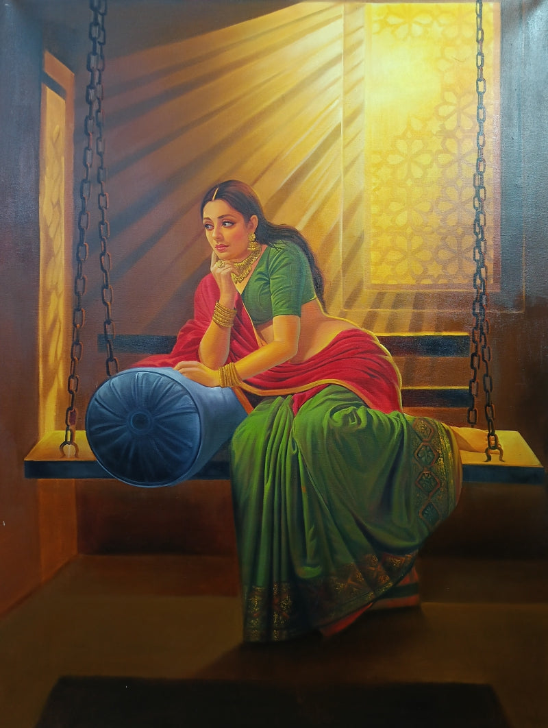 'Thinking' figurative oil painting by artist Kamal Rao, 48x36 inch, on canvas
