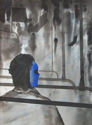 Figurative watercolor painting titled 'Thinking In Bus', 30x22 inches, by artist Manish Sutar on Paper