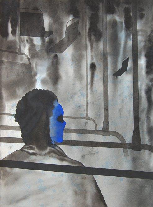 Figurative watercolor painting titled 'Thinking In Bus', 30x22 inches, by artist Manish Sutar on Paper