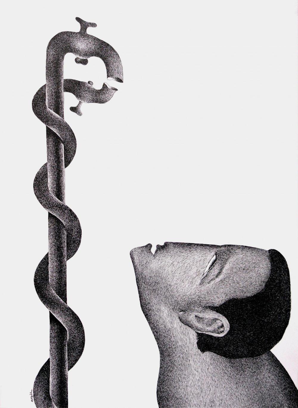 Figurative pen drawing titled 'Thirst 56', 22x30 inches, by artist Nuril Bhosale on Paper