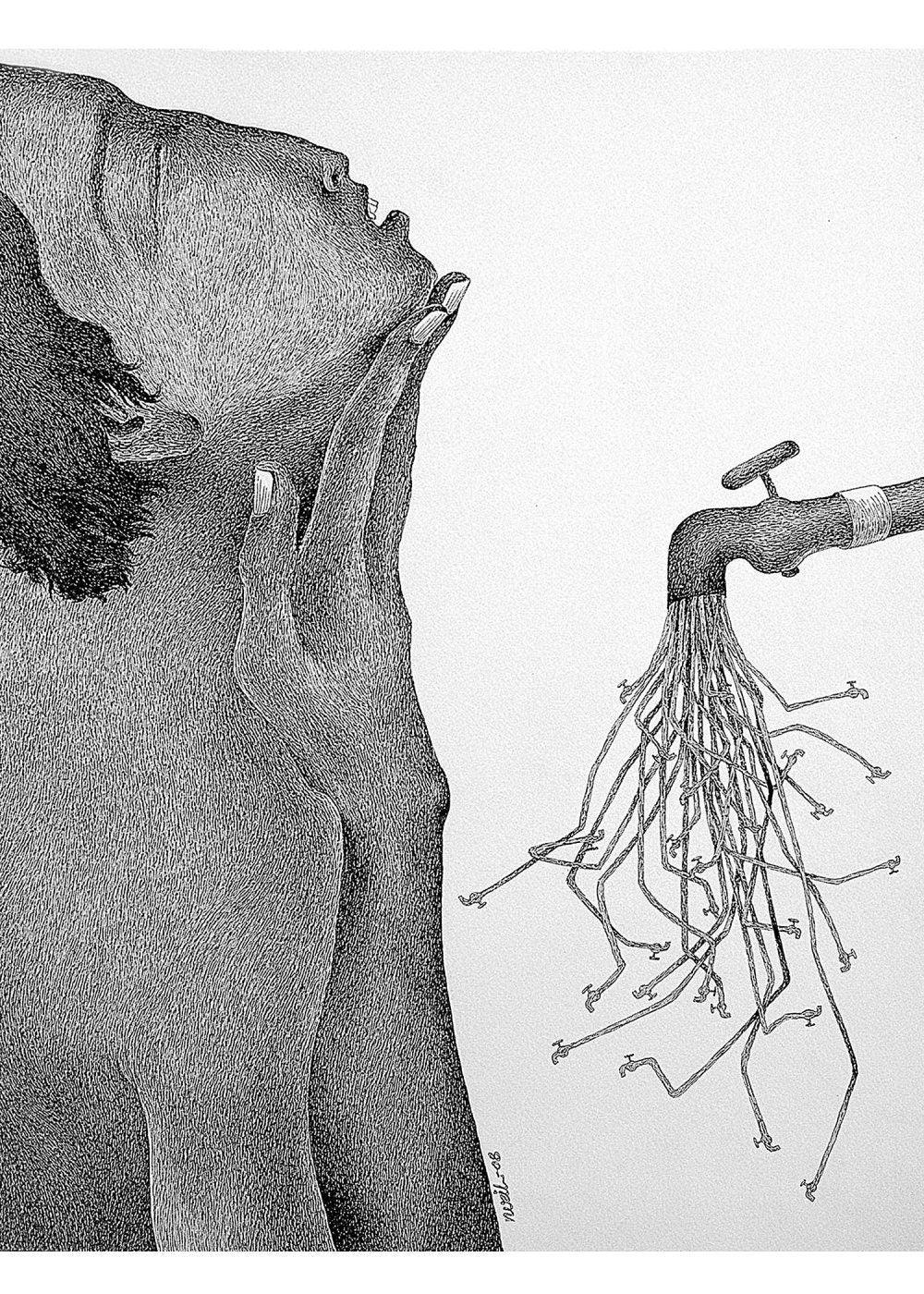Figurative pen drawing titled 'Thirst 61', 22x30 inches, by artist Nuril Bhosale on Paper