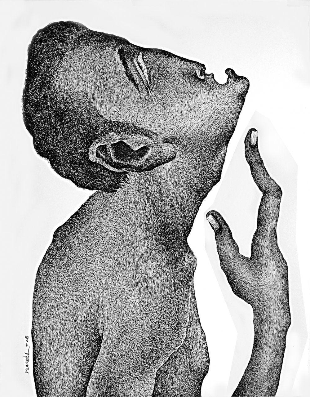 Figurative pen drawing titled 'Thirst 65', 22x30 inches, by artist Nuril Bhosale on Paper