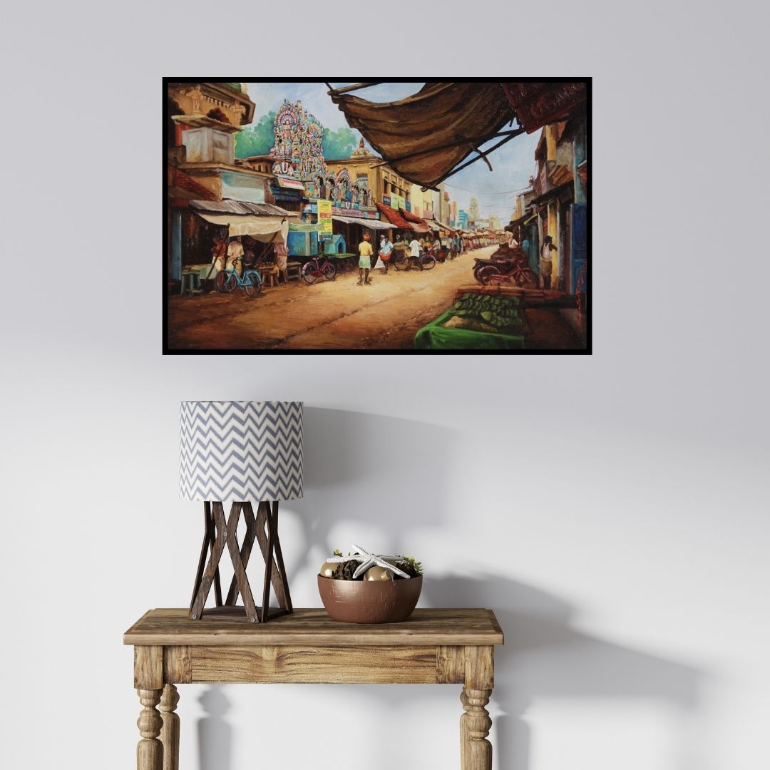 In-situ view of Sriram Chinnadurai's 'Thirukudanthai 2 (Serene Village)' painting in a room