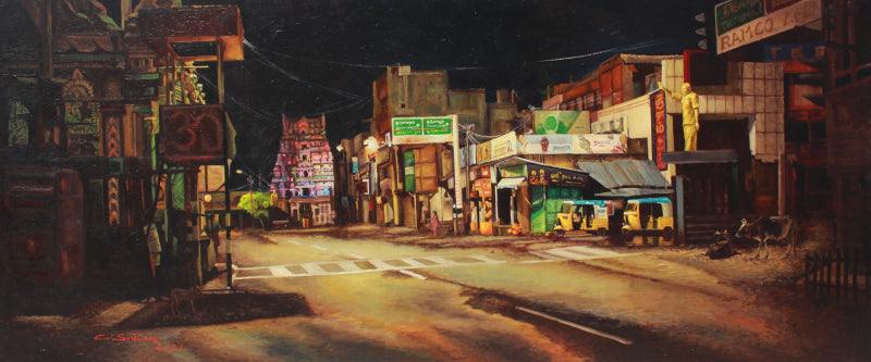 Cityscape oil painting titled 'Thirukudanthai', 30x72 inches, by artist Sriram Chinnadurai on Canvas