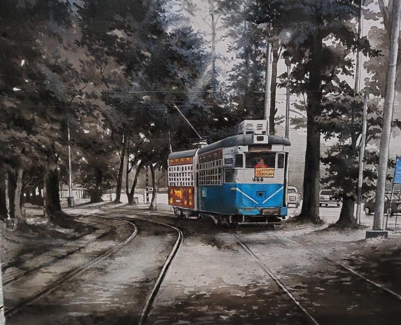 Cityscape acrylic painting titled 'This Tram Is', 20x24 inches, by artist Amlan Dutta on Canvas