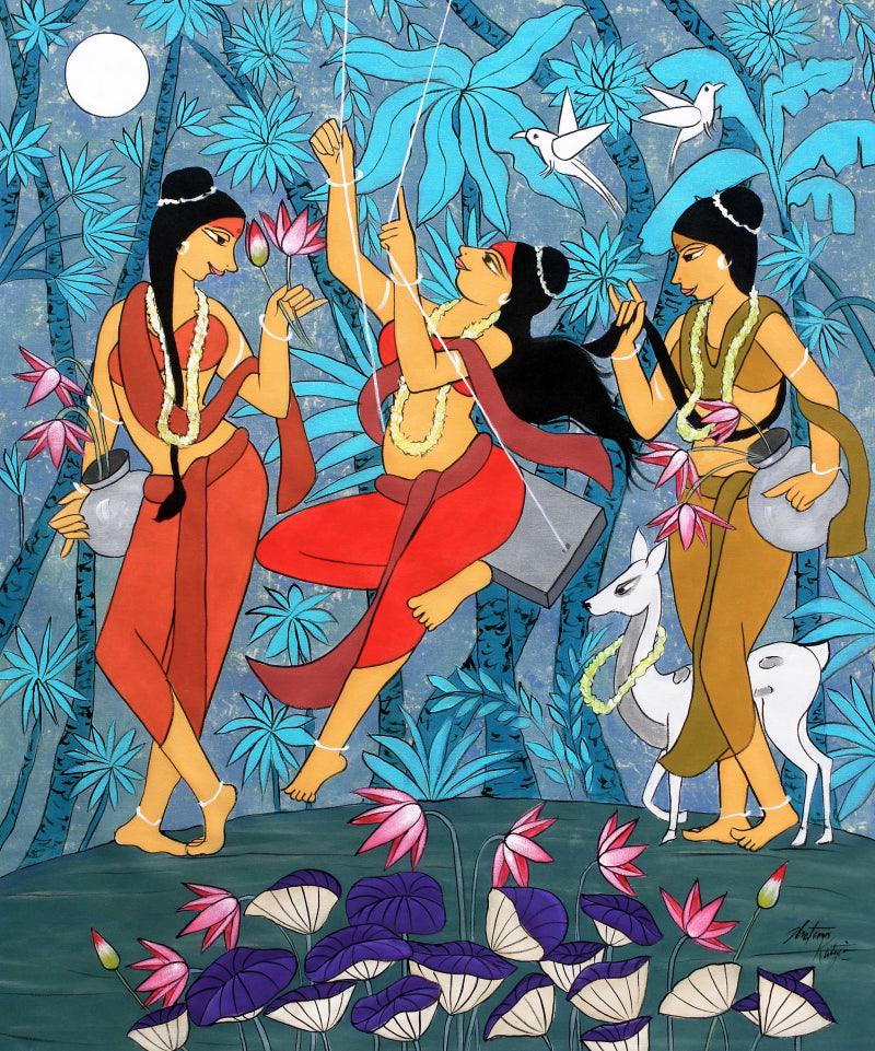 Figurative acrylic painting titled 'Three Bestie', 48x40 inches, by artist Chetan Katigar on Canvas