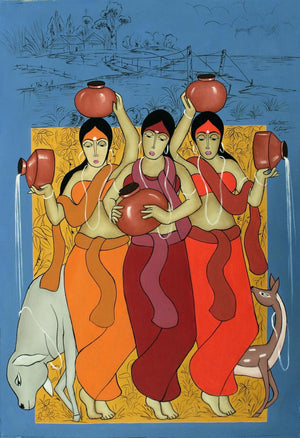 Three Chums (The Water Carriers) by Chetan Katigar, Original Acrylic Figurative Painting on Canvas, Large Vertical Wall Art