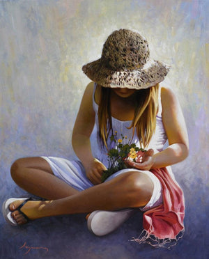Three Flowers by Jose Higuera, Original Oil Figurative Painting on Canvas, Medium Vertical Wall Art