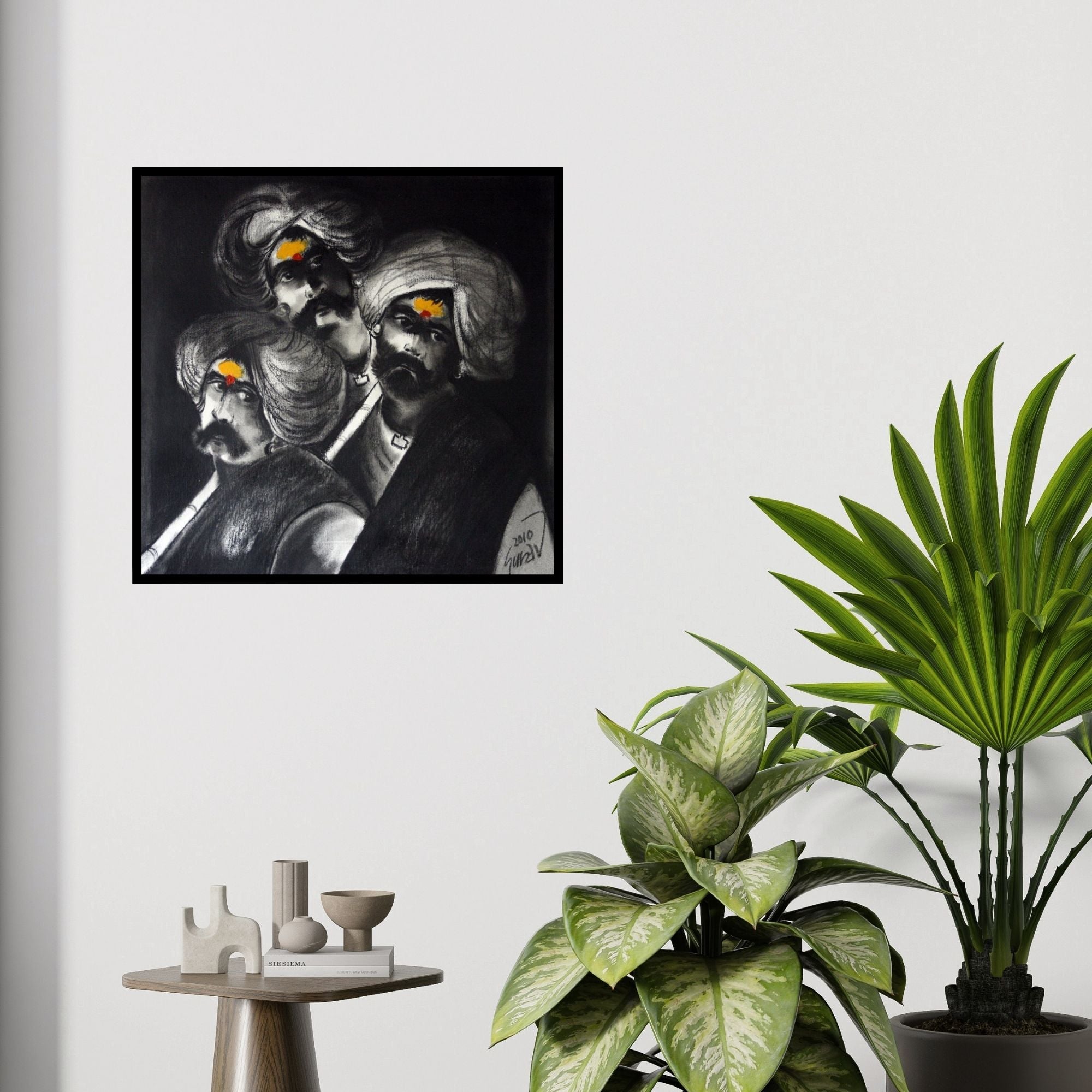 In-situ view of Raosaheb Gurav's 'Three Shepherd (Guardians of Tradition)' painting in a room