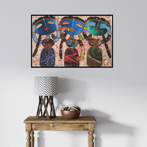 In-situ view of G Subramanian's 'Three Wise Girls' painting in a room
