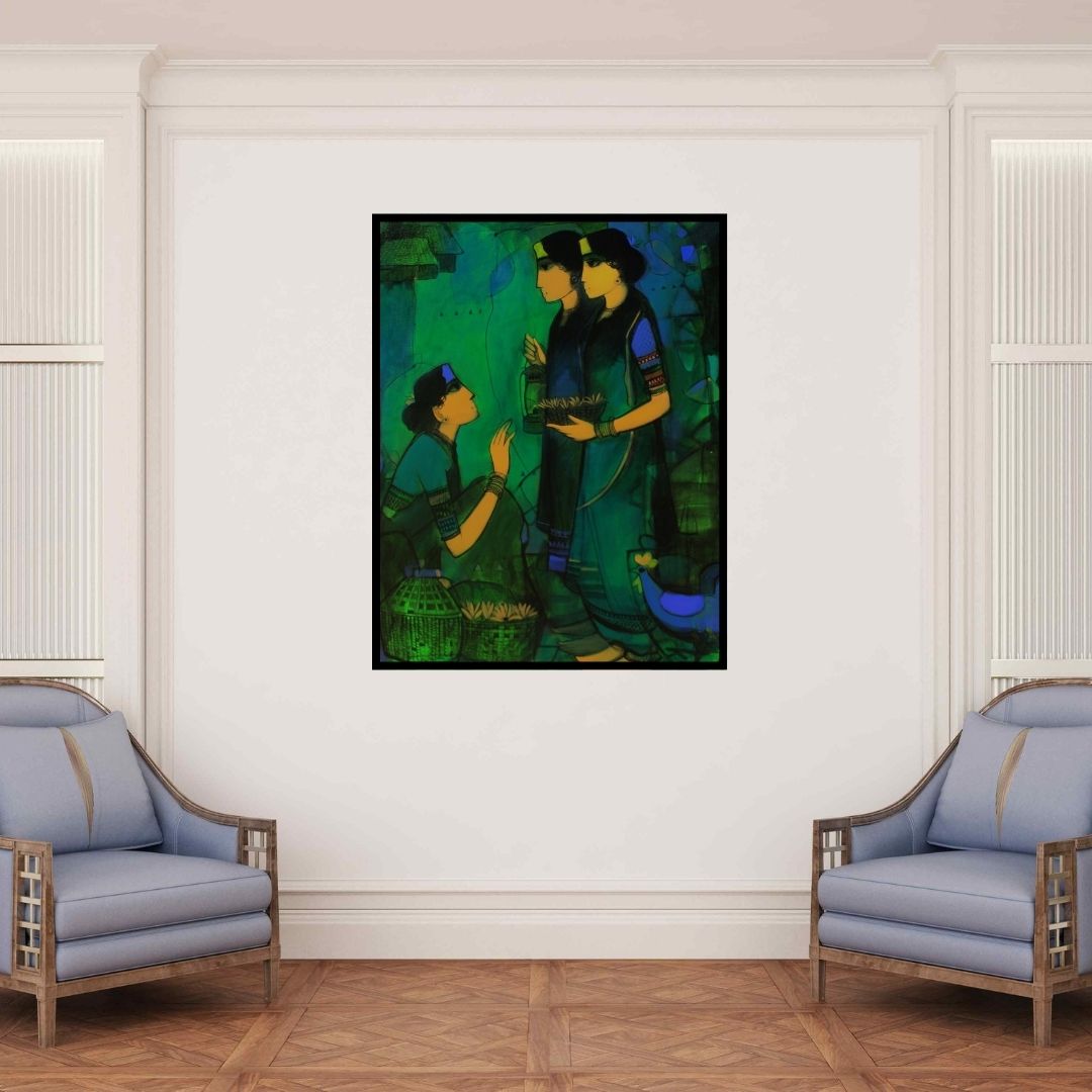 In-situ view of Sachin Sagare's 'Three Women (Three Women)' painting in a room