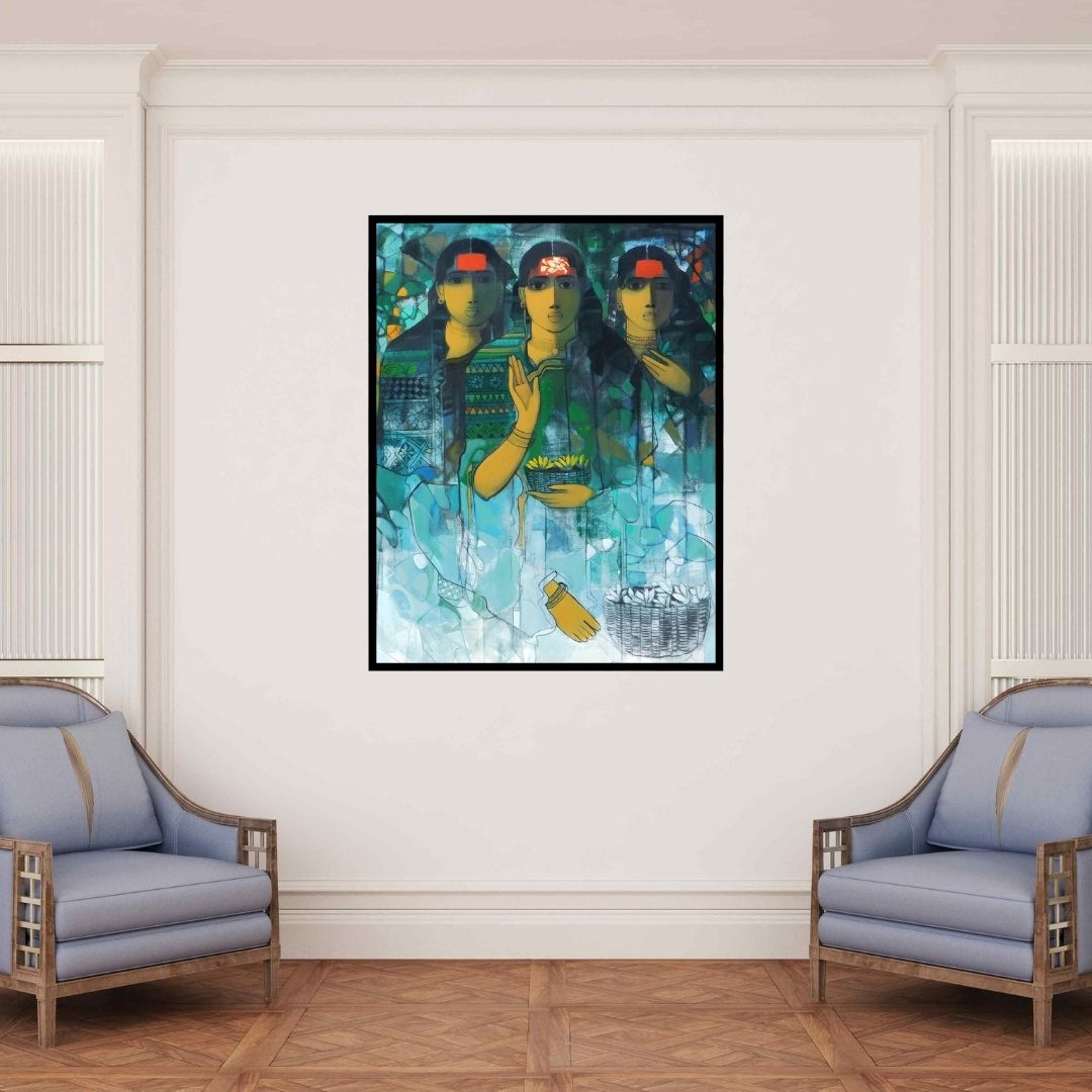 In-situ view of Sachin Sagare's 'Three Women 2' painting in a room