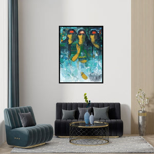 Preview of 'Three Women 2' Painting by Sachin Sagare shown on a wall in a furnished room.