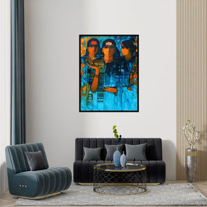 Preview of 'Three Women 3' Painting by Sachin Sagare shown on a wall in a furnished room.