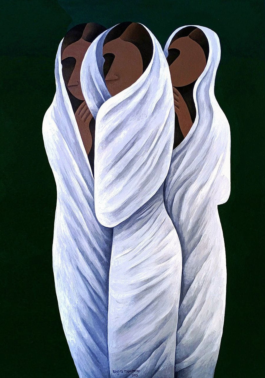 Three Women' figurative acrylic painting by artist Ranjith Raghupathy, 42x30 inch, on canvas