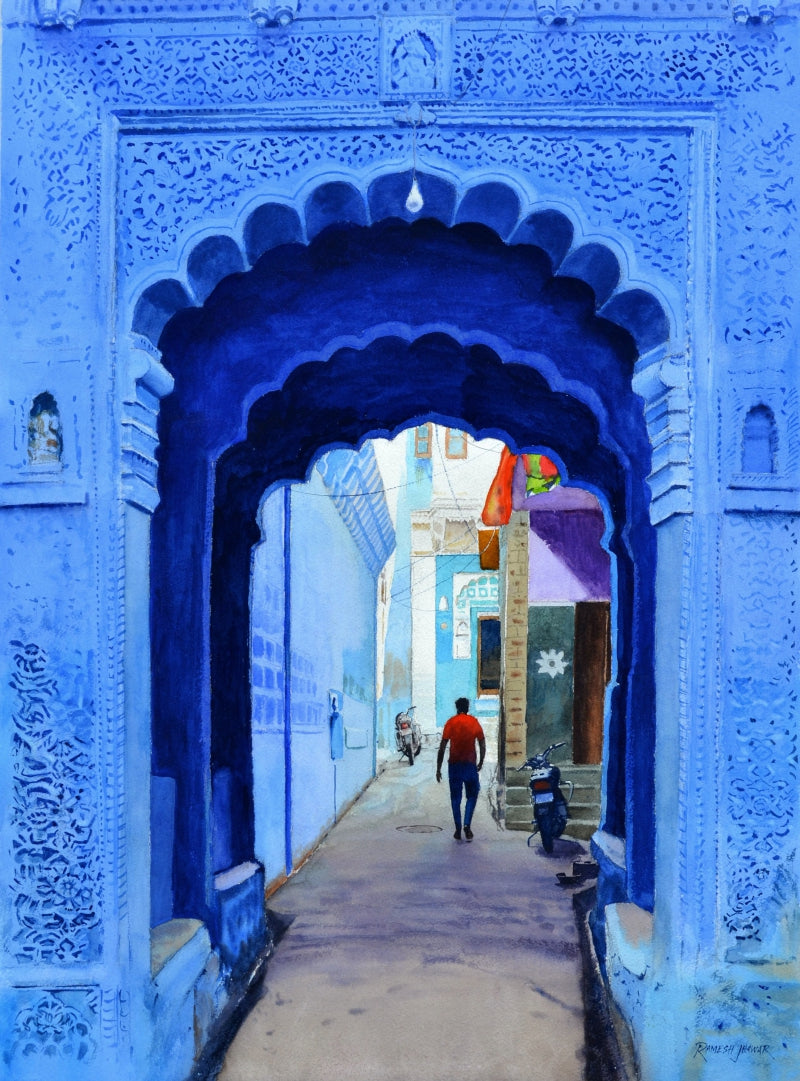 'Through The Blue Arch' cityscape watercolor painting by artist Ramesh Jhawar, 29x21 inch, on paper