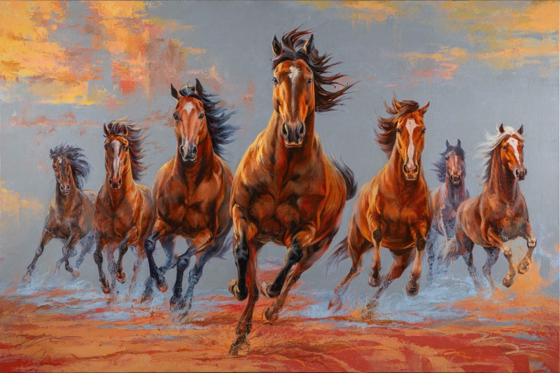 'Thunder Of Seven Steeds' animals acrylic painting by artist Deven Ramesh Bhosale, 36x54 inch, on canvas