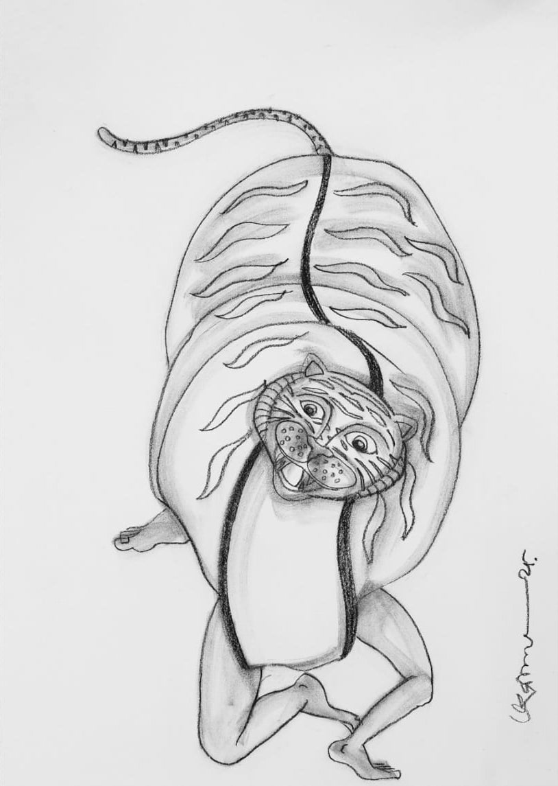 Tiger Dance 1' religious conte drawing by artist Kanha Behera, 22x15 inch, on paper