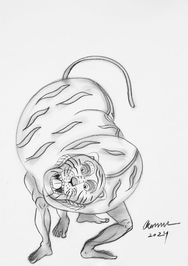 Tiger Dance 3' religious conte drawing by artist Kanha Behera, 22x15 inch, on paper