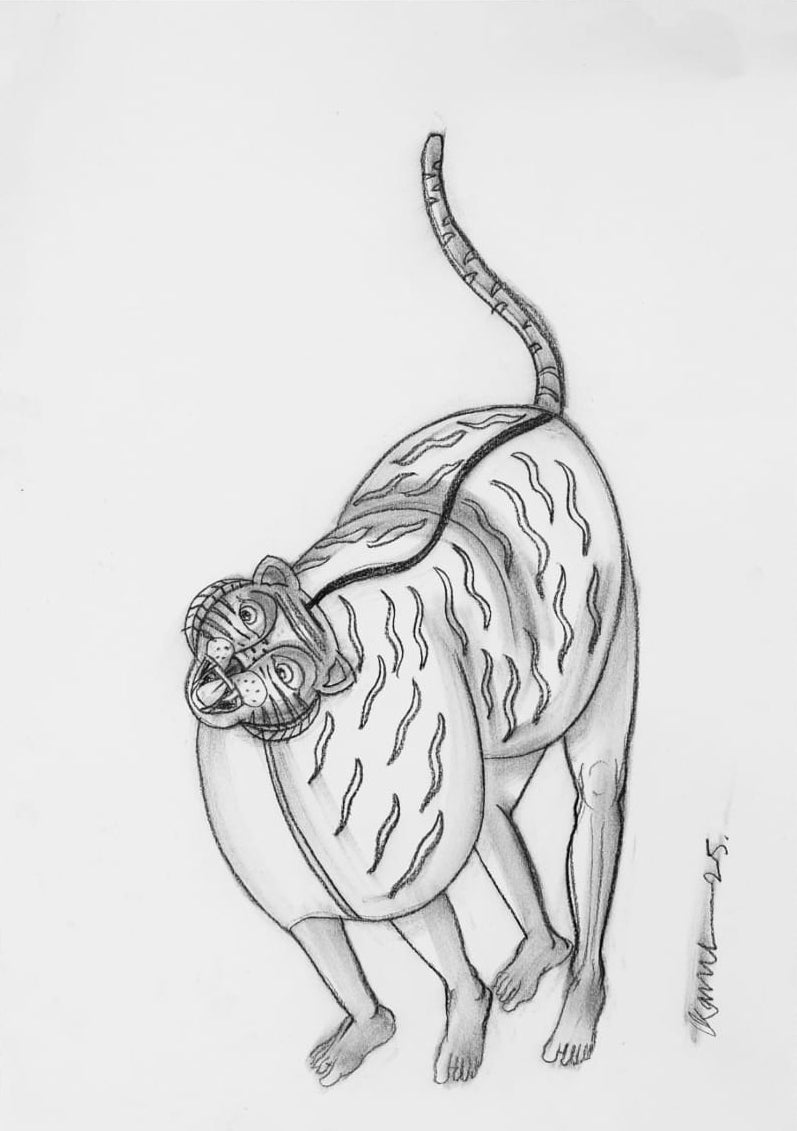 'Tiger Dance 4' religious conte drawing by artist Kanha Behera, 22x15 inch, on paper