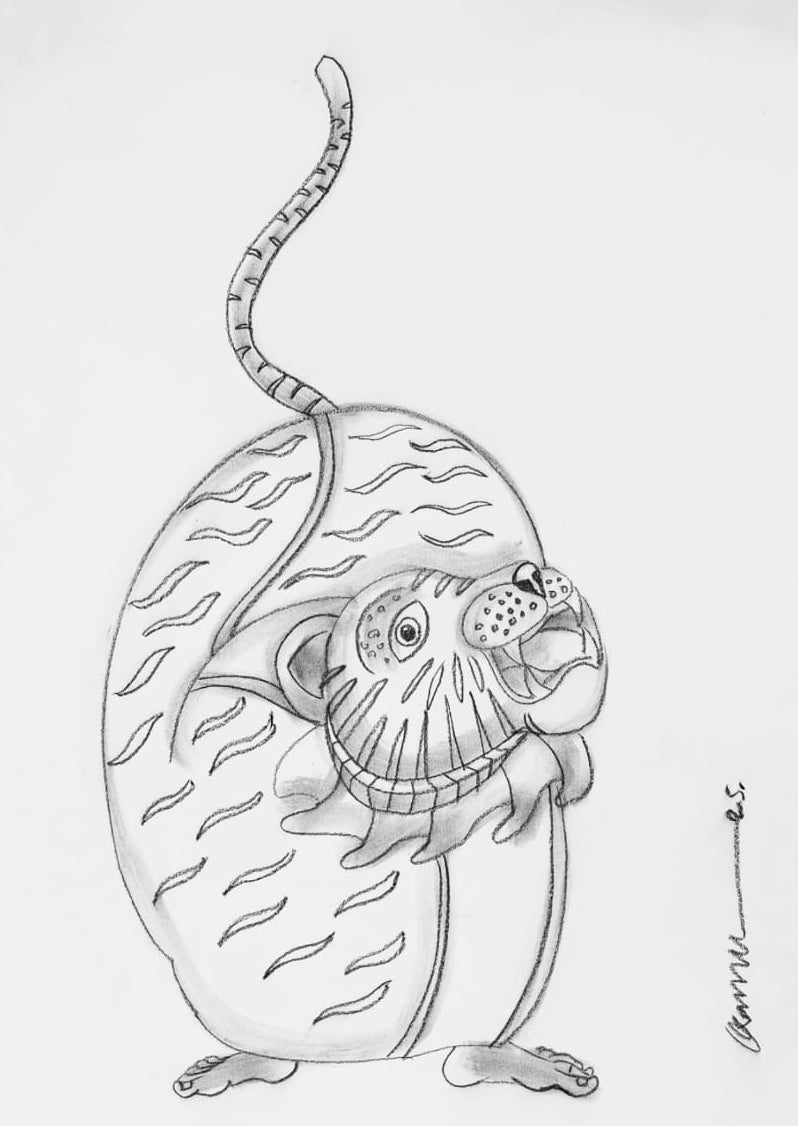 'Tiger Dance 5' religious conte drawing by artist Kanha Behera, 22x15 inch, on paper