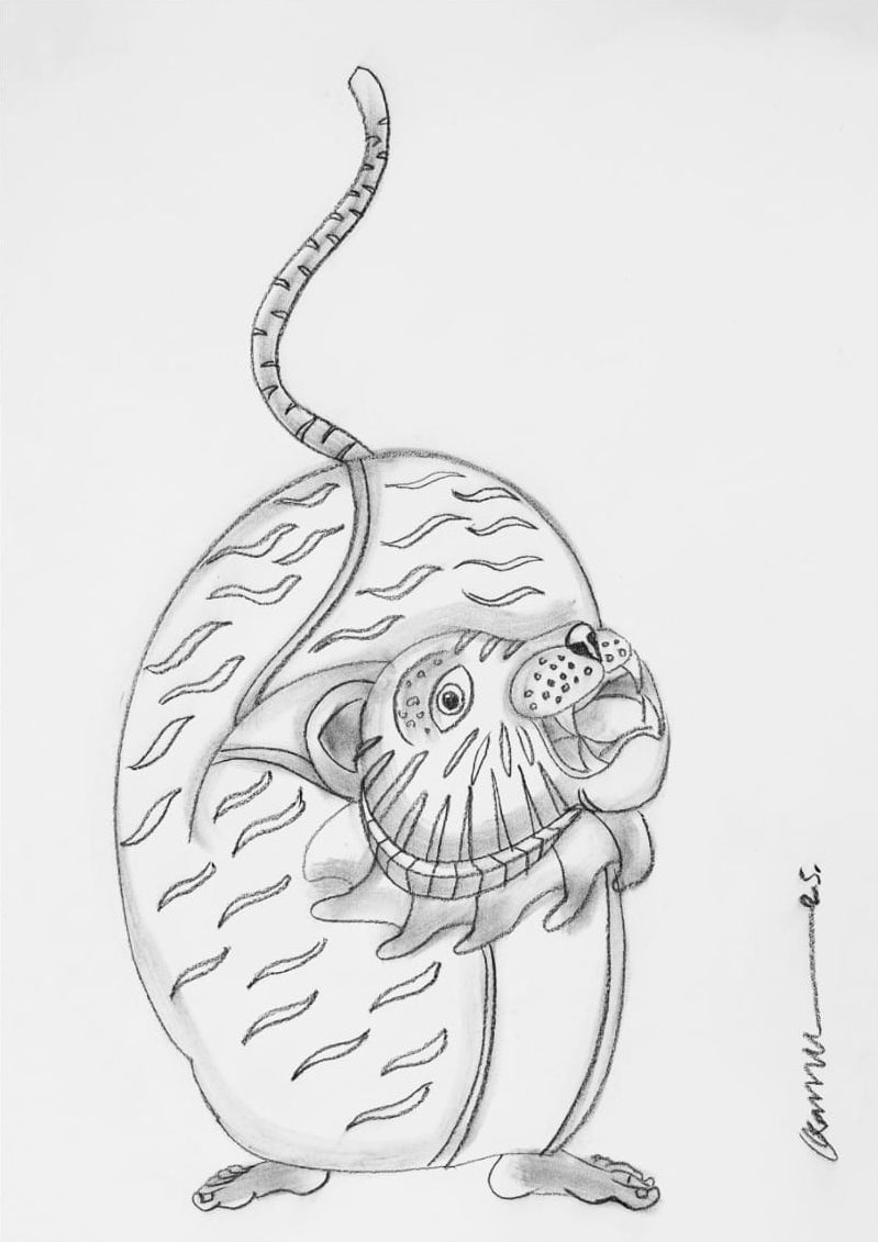 Tiger Dance 6' religious conte drawing by artist Kanha Behera, 22x15 inch, on paper