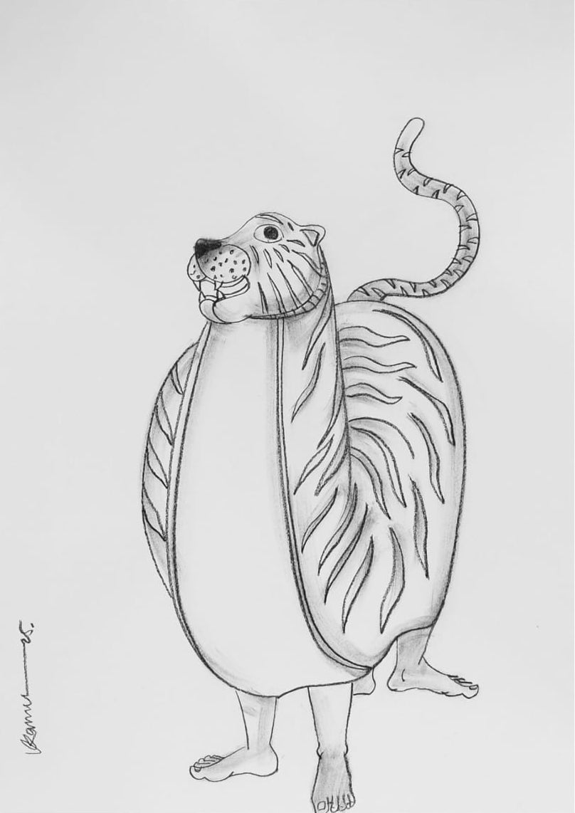 'Tiger Dance' religious conte drawing by artist Kanha Behera, 22x15 inch, on paper