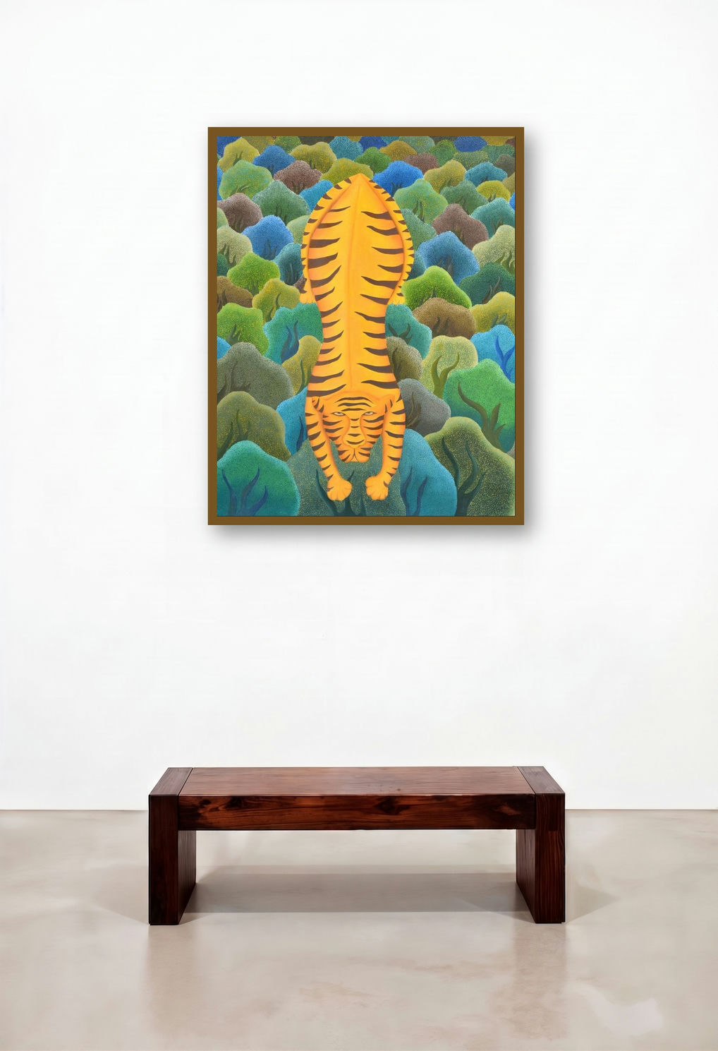 Tiger In Forest (Camouflaged Prowl) by artist Naveena Ganjoo displayed in a Rustic Penthouse